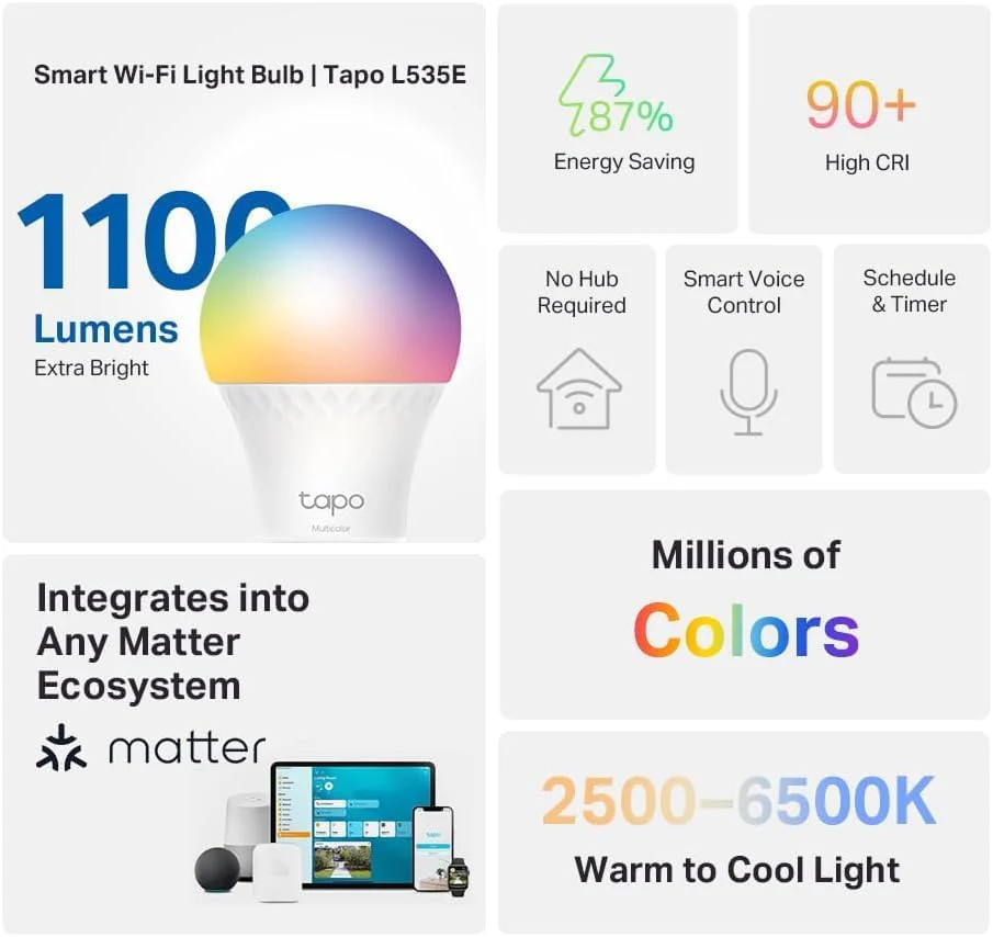 Matter-Certified Dimmable RGBW Smart Light Bulb, Tapo L535E(2-Pack) - Image 3